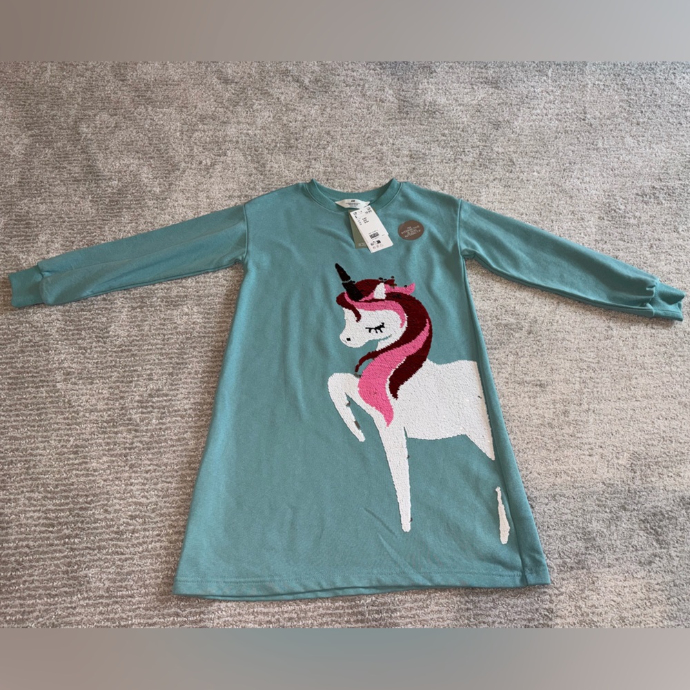 NWT H&M Blue Long Sleeve Cotton Dress w/ Unicorn Sequin Design Girl Size 8-10